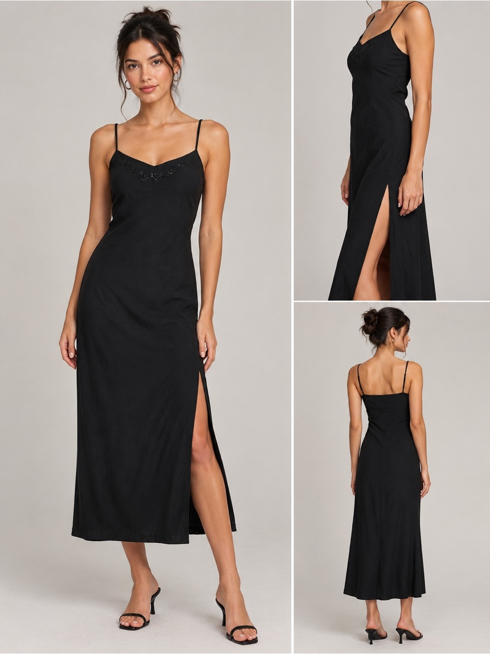 VTG City Triangles Black Slip Dress Beaded Embroidery Slit 90s Y2K Minimalist